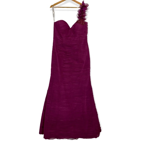 IVONNE D BY MON CHERI RASPBERRY 1 SHOULDER RUCHED TULLE SWEETHEART TRUMPET GOWN - Picture 2 of 15